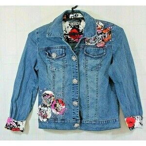 The Collective Works Of Berek 2 Denim Jean Jacket Floral Rhinestones Coat Size S